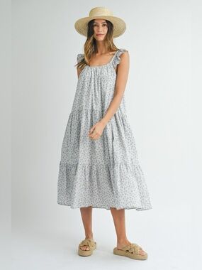MABLE Floral Ruffle Shoulder Tiered Midi Dress